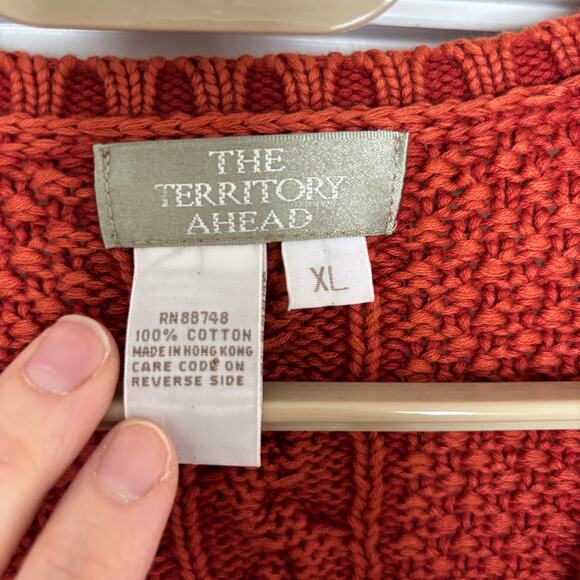 Territory Ahead Orange Cable Knit Cardigan Sweater XL tie front 90s Vintage - Picture 6 of 7